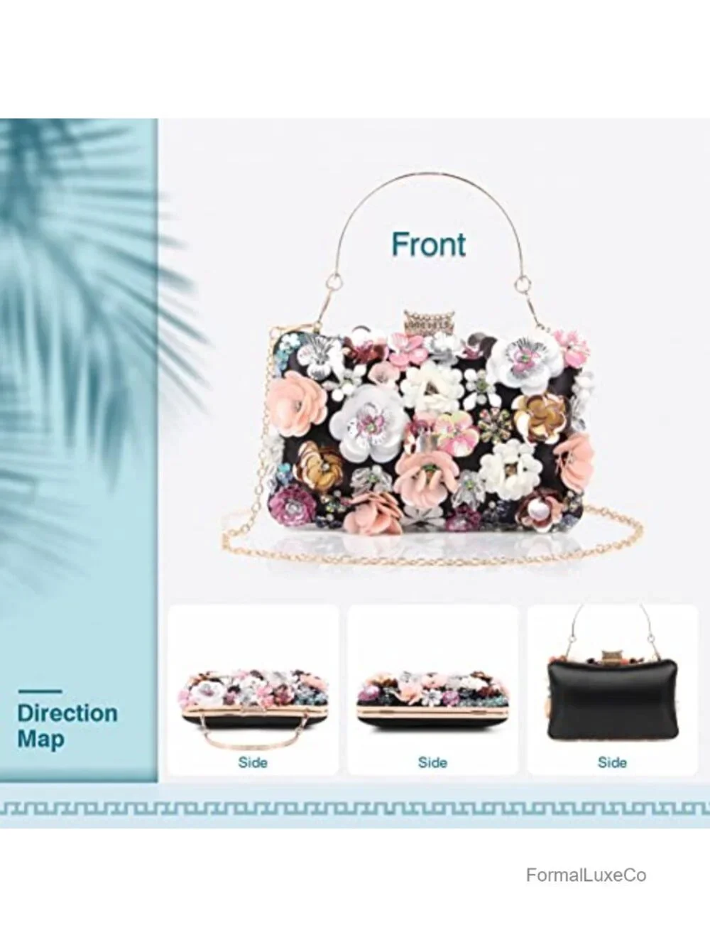 Women Clutch Evening Bag with 3D Flowers Chain Strap Shoulder